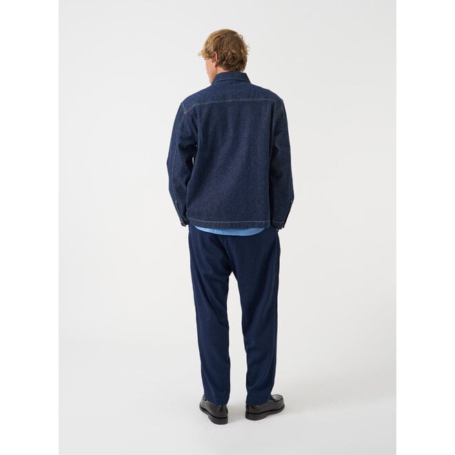 Pleated Track Pant in Navy Wool Herringbone