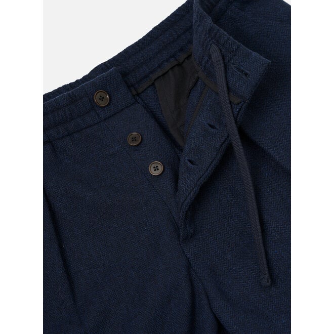 Pleated Track Pant in Navy Wool Herringbone