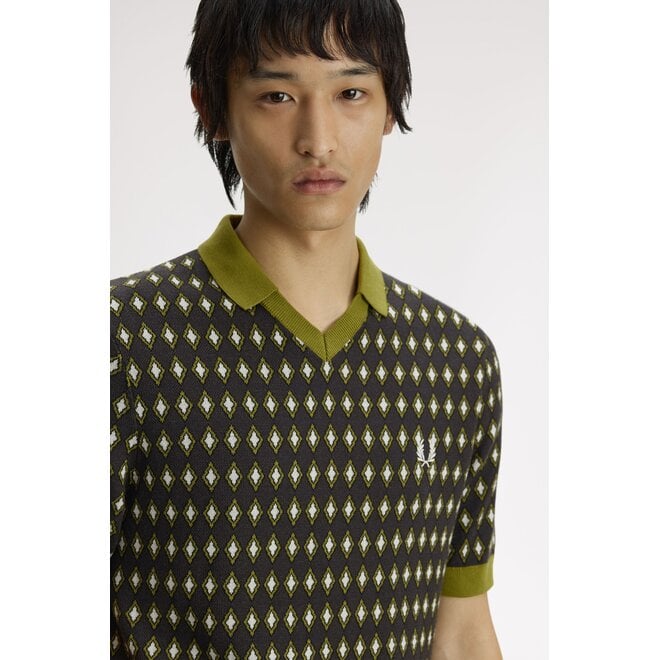 Open Collar Jacquard Knitted Shirt in Anchor Grey