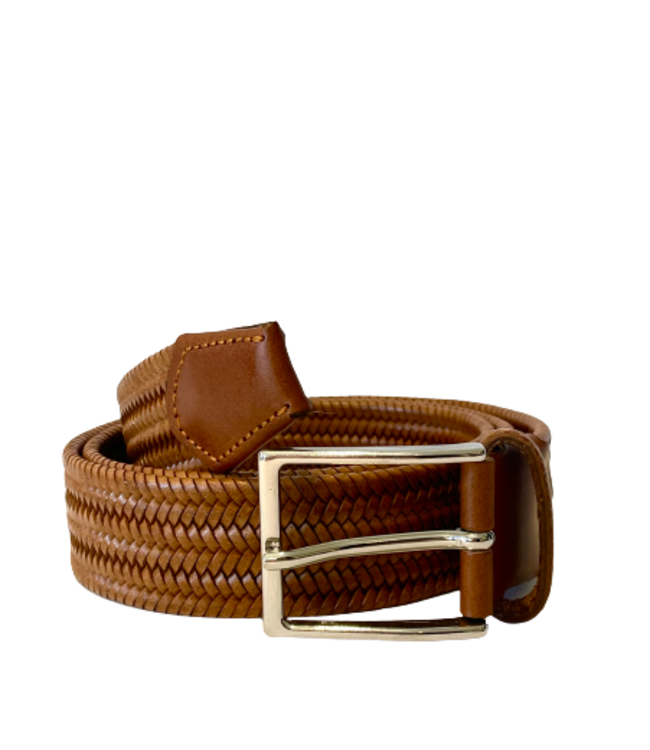 Braided Stretch Leather Belt Cognac