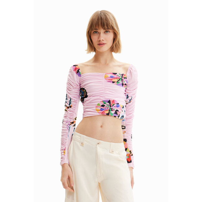 Desigual Pink Long Sleeve Ruched Crop Blouse