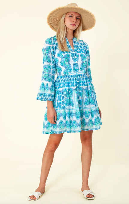 Hale Bob Ria Tie Dye Long Sleeve Dress Beaded Lime Blue Brand New $235