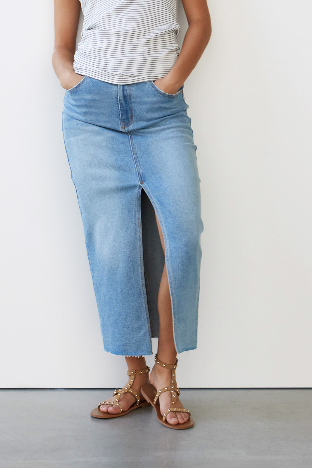 【BAON】Ruwen Black Blue Slit Denim Long Skirt With Black Long Denim Skirt - Bettina's of Los Gatos