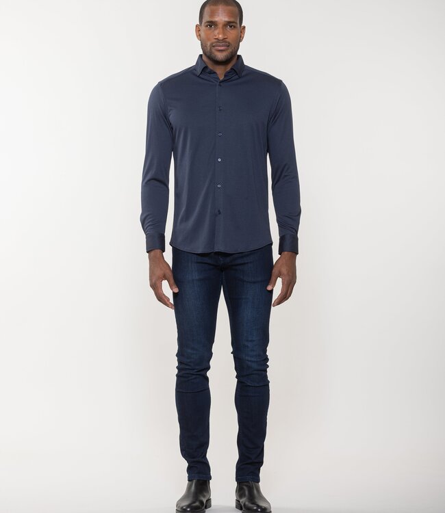 Luchiano Visconti Navy All Way Stretch Micro Melange Long Sleeve Knit Shirt