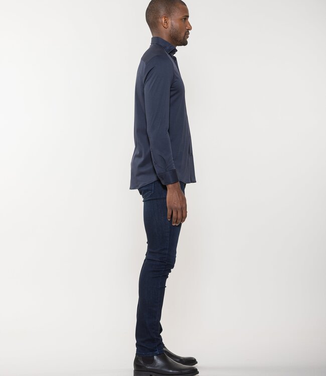 Luchiano Visconti Navy All Way Stretch Micro Melange Long Sleeve Knit Shirt