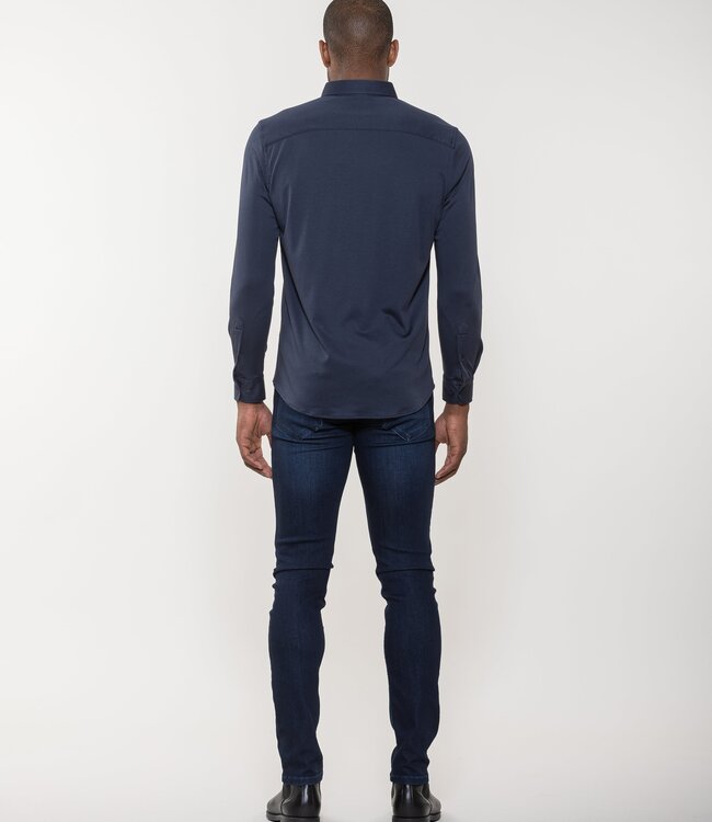 Luchiano Visconti Navy All Way Stretch Micro Melange Long Sleeve Knit Shirt