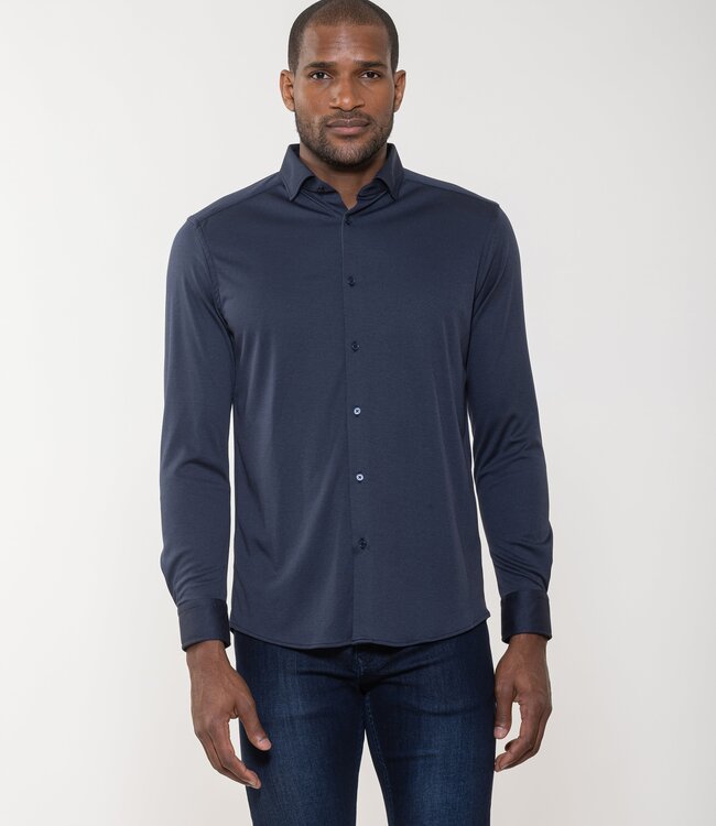 Luchiano Visconti Navy All Way Stretch Micro Melange Long Sleeve Knit Shirt