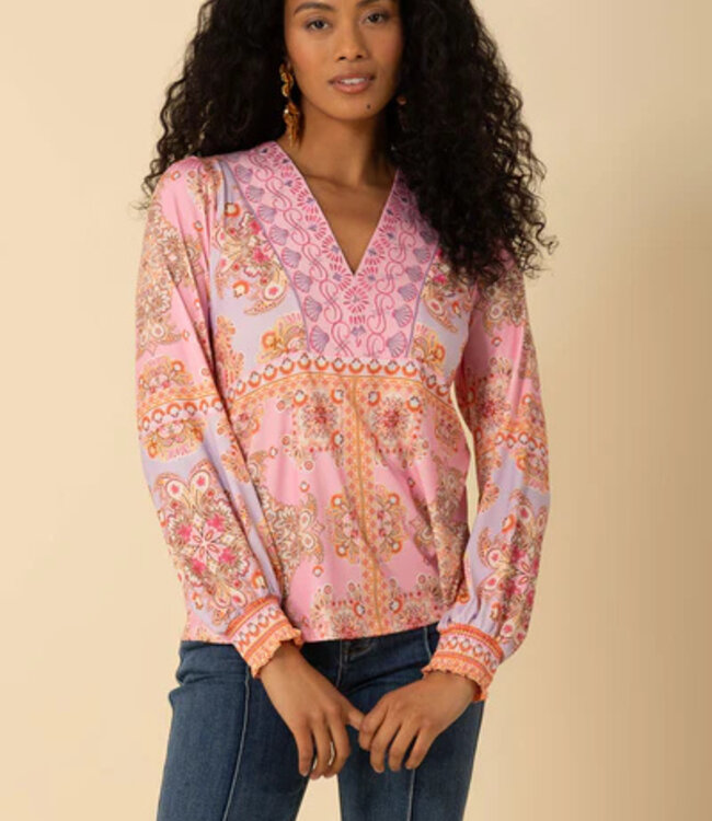 Hale Bob Ailani Coral V Neck Printed L/S