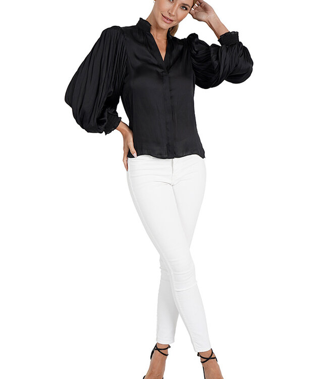 Love Token Black Blouse Pleated Sleeves