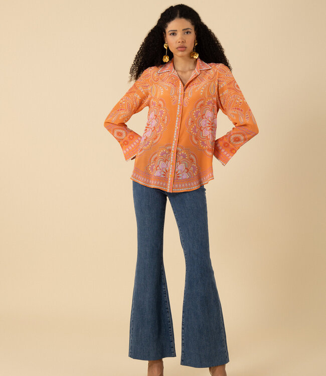 Hale Bob Orange Printed Silk Blouse