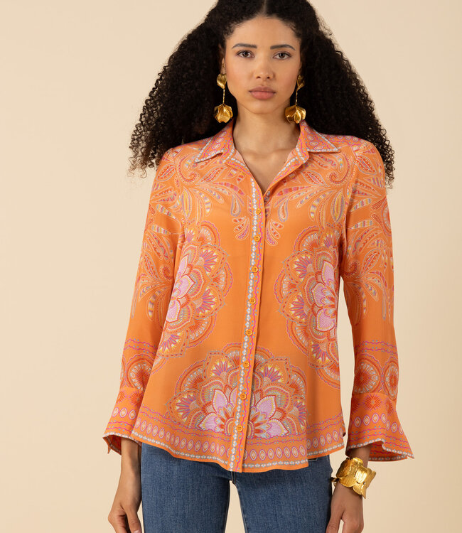 Hale Bob Orange Printed Silk Blouse