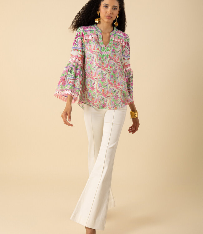 Hale Bob Green Printed Long Sleeve Blouse