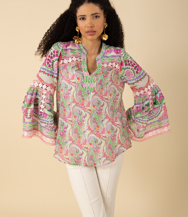 Hale Bob Green Printed Long Sleeve Blouse