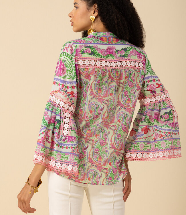 Hale Bob Green Printed Long Sleeve Blouse