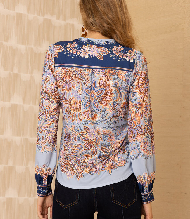 Hale Bob Blue/Tan V-Neck Long Sleeve Top