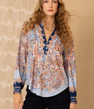 Hale Bob Blue/Tan V-Neck Long Sleeve Top