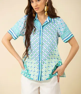 Hale Bob Liberty Teal Geo Print S/S Blouse