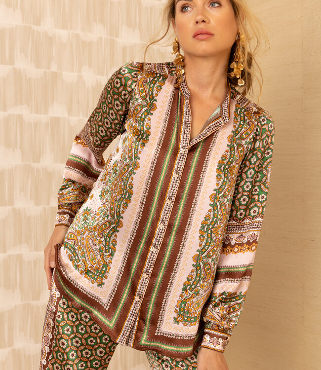 Hale Bob Nehru Button Down Silk Printed Blouse