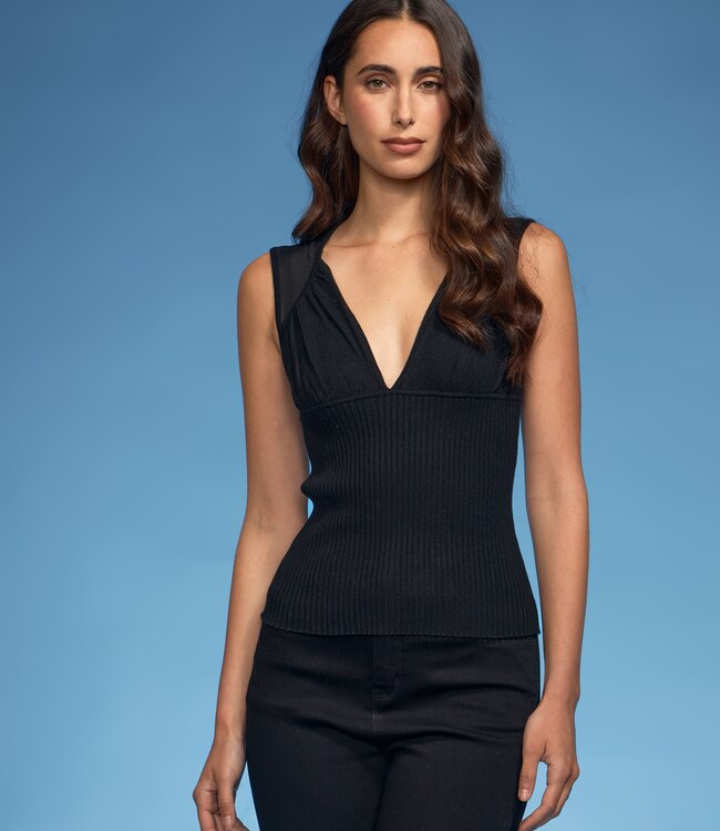 Oolala Black Mesh Knit V-neck Top