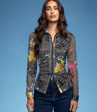 Oolala Multi Plaid Ruched Zip Mesh Shirt