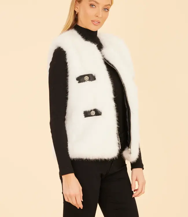 Dolce Cabo White Faux Fur Vest w/Black Trim