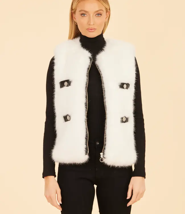Dolce Cabo White Faux Fur Vest w/Black Trim