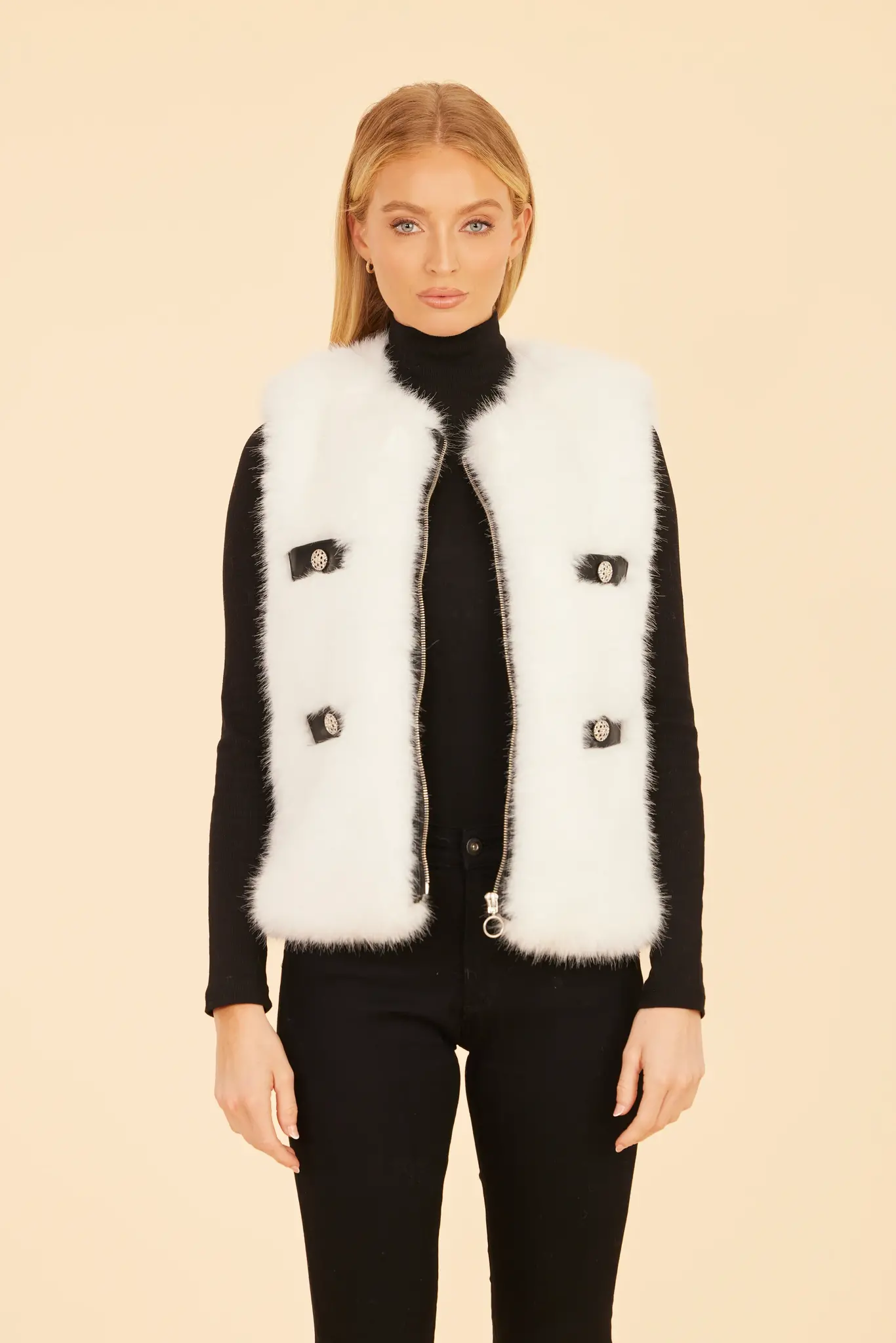 Dolce Cabo White Faux Fur Vest w/Black Trim Bettina's of Los Gatos