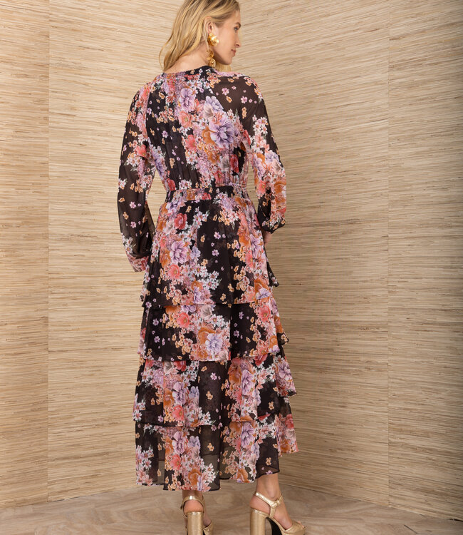 Hale Bob Black Floral Tiered Midi Dress