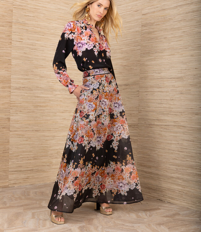 Hale Bob Black Floral Midi Full Skirt XS