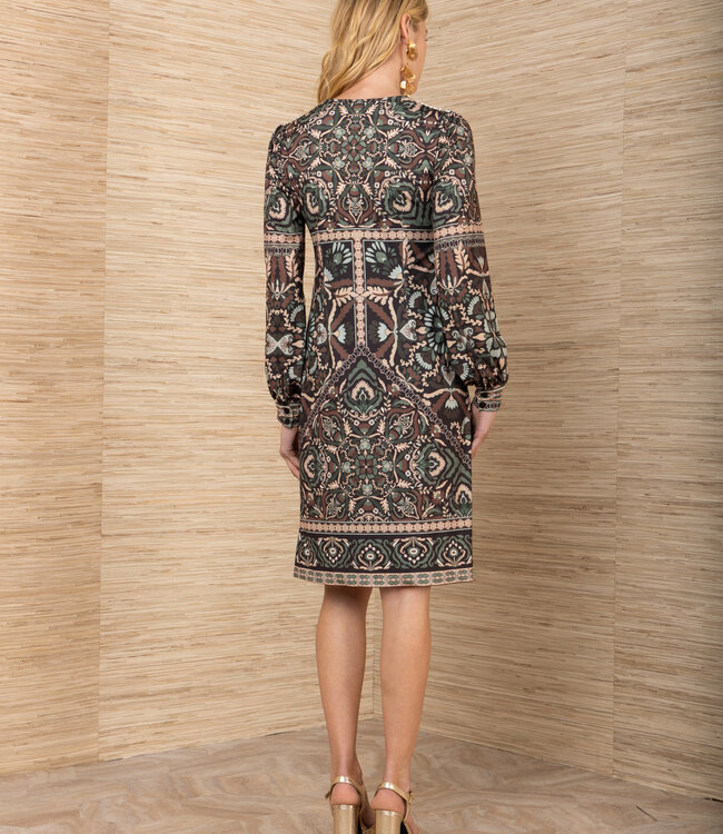 Hale Bob Black Green/Black Printed Long Sleeve Dress