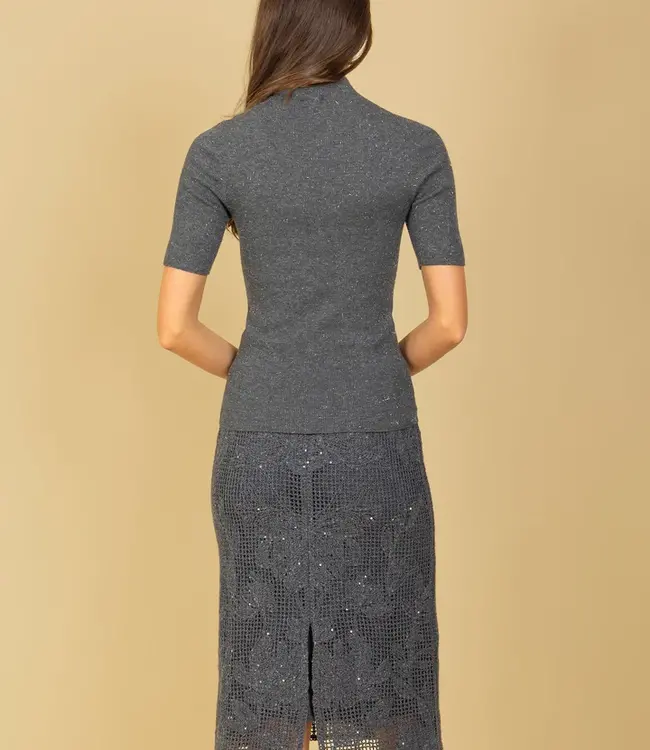 Jessie Liu Grey Shimmer Wool Cashmere Mock Sweater