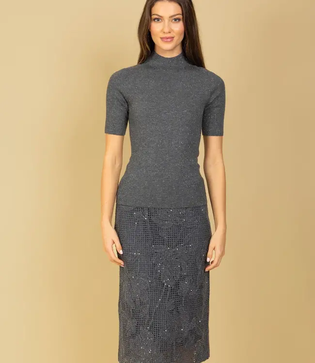 Jessie Liu Grey Shimmer Wool Cashmere Mock Sweater
