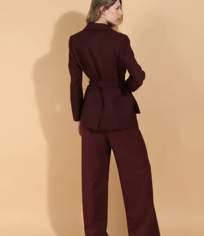 Jessie Liu Burgundy Belted Coat With Patch Pockets