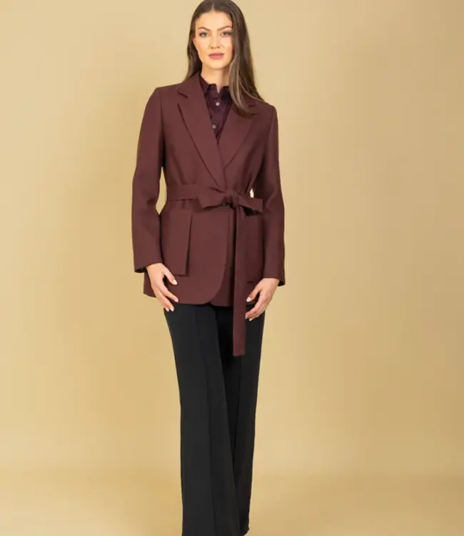 Jessie Liu Burgundy Belted Coat With Patch Pockets