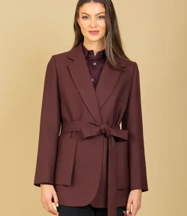 Jessie Liu Burgundy Belted Coat With Patch Pockets