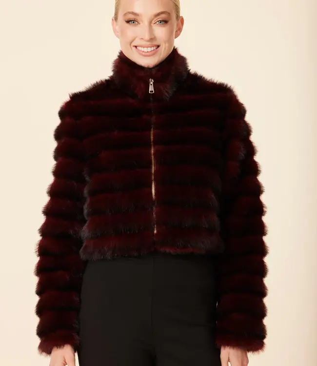 Dolce Cabo Wine  Faux Fur Grooved Zip Jacket