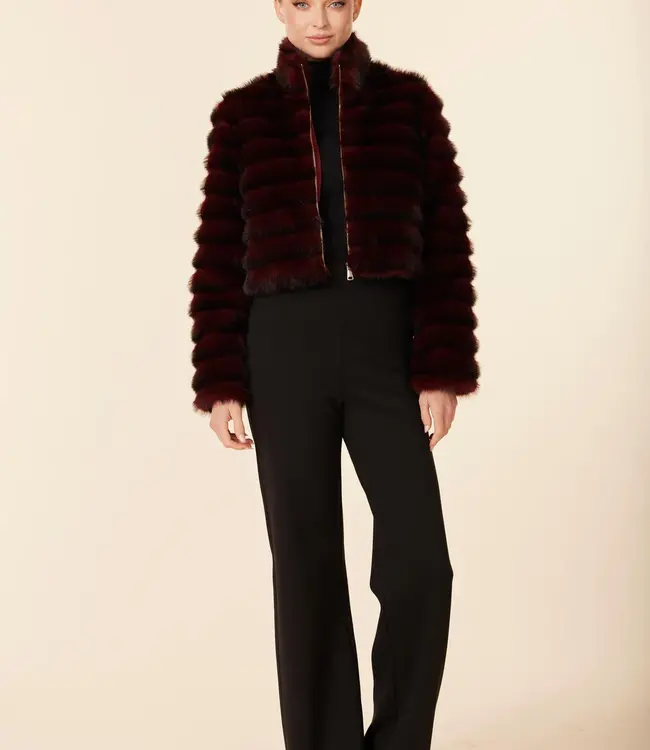 Dolce Cabo Wine  Faux Fur Grooved Zip Jacket