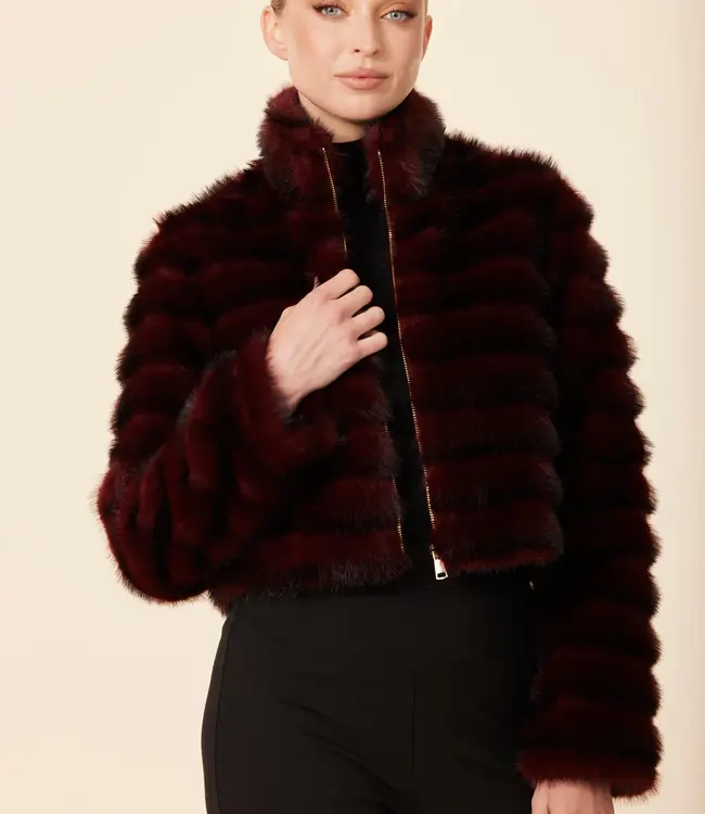 Dolce Cabo Wine  Faux Fur Grooved Zip Jacket
