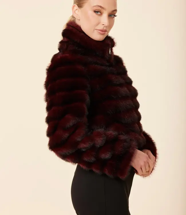 Dolce Cabo Wine  Faux Fur Grooved Zip Jacket