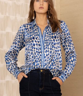 Hale Bob Vada Blue Print Silk Blouse