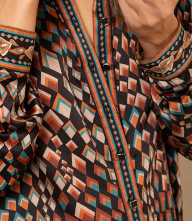 Hale Bob Black Vada Geo Print Silk Blouse