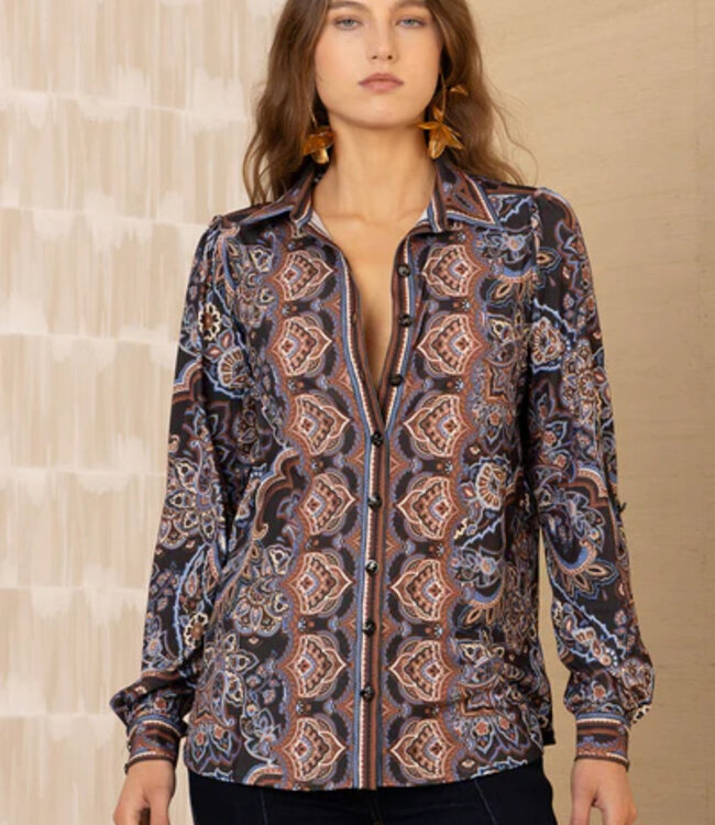 Hale Bob Brynleigh Black Printed Collared Blouse