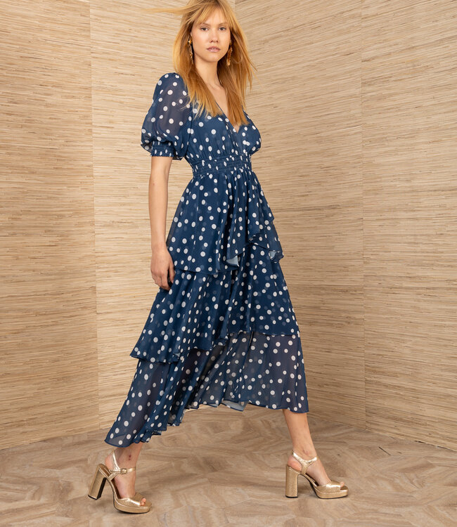 Hale Bob Navy Polka Dot Tiered Dress S