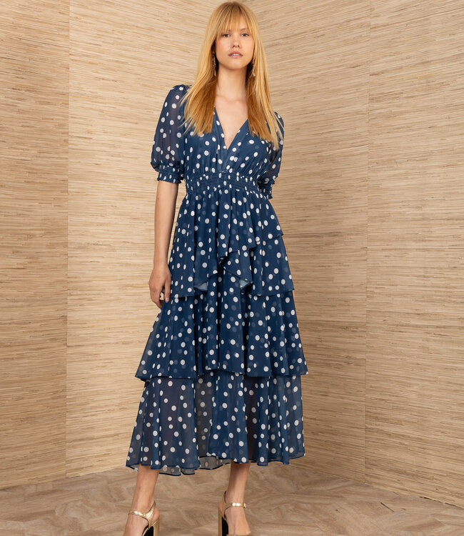Hale Bob Navy Polka Dot Tiered Dress S