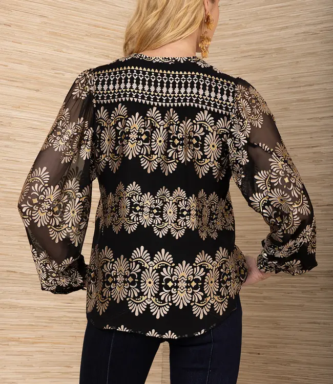 Hale Bob V-Neck Black Satin Long Sleeve Top