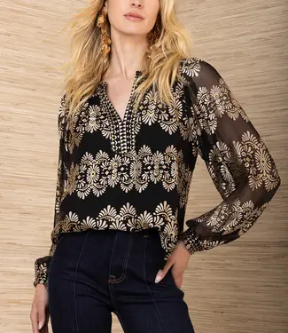 Hale Bob V-Neck Black Satin Long Sleeve Top