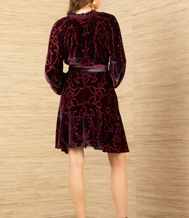 Hale Bob V-Neck Wine Burnout Long Sleeve Dress