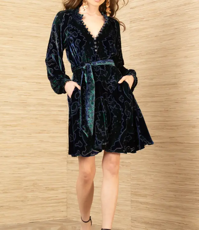 Hale Bob V-neck Navy Burnout Long Sleeve Dress