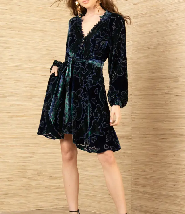 Hale Bob V-neck Navy Burnout Long Sleeve Dress