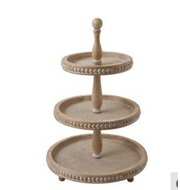 Creative Co-Op Round Beaded Tiered Tray Natural
